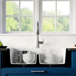 Karran White Quartz 33 in. 5050 Double Bowl Composite Drop-in Kitchen Sink QT-810-WH