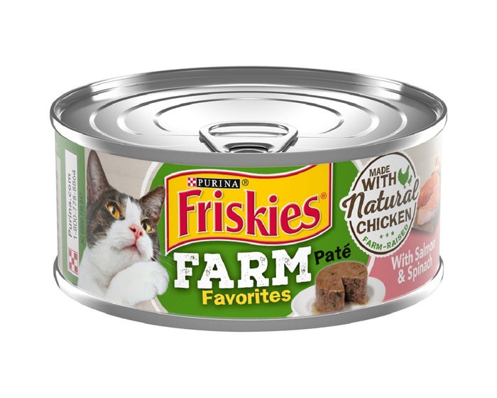 Purina Friskies Natural Pate Wet Cat Food Farm Favorites with Salmon and Spinach， 5.5 oz. Cans