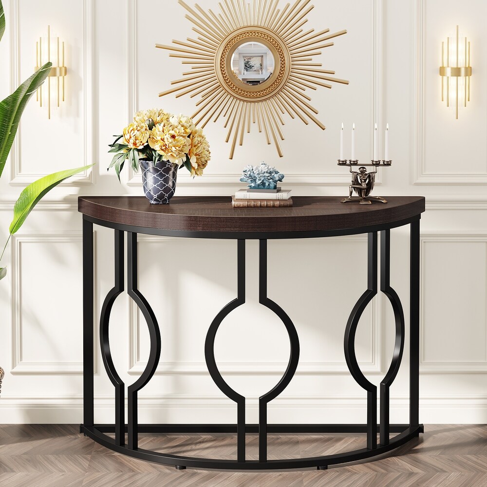 Half Moon Console Table for Entryway  43 Inch Industrial Semi Circle Sofa Table with Geometric Base