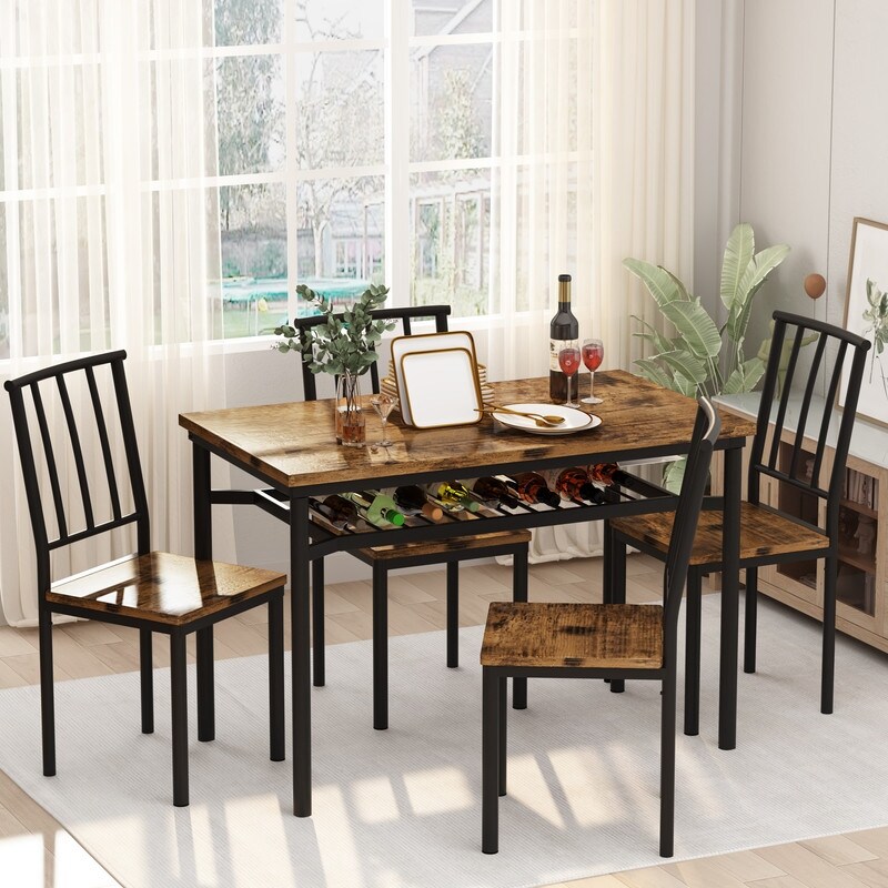 Modern Industrial Dining Table Set for 4  5 Piece Wood Kitchen Table and Chairs  Dining Room Table Set with Storage Rack