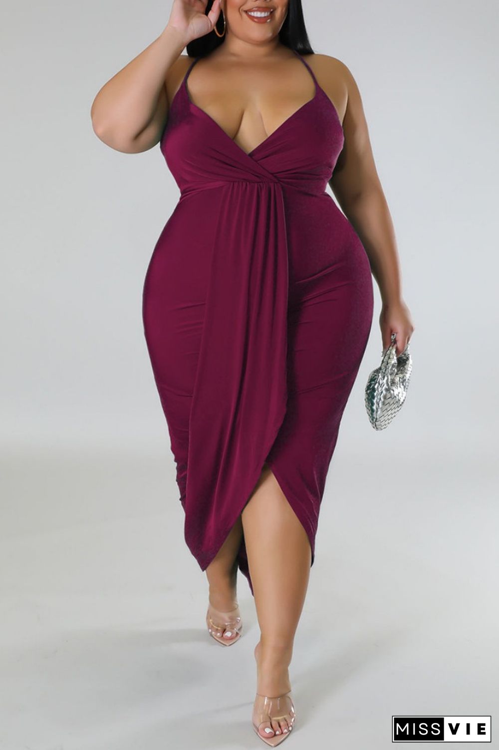 Black Sexy Solid Patchwork Backless V Neck Sling Dress Plus Size Dresses