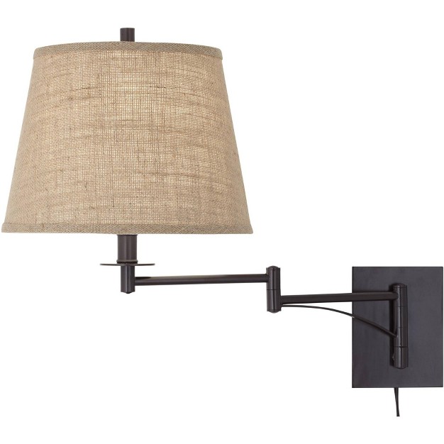 Franklin Iron Works Brinly Farmhouse Rustic Swing Arm Wall Lamp Matte Brown Metal Plug in Light Fixture Burlap Shade For Bedroom Bedside Living Room