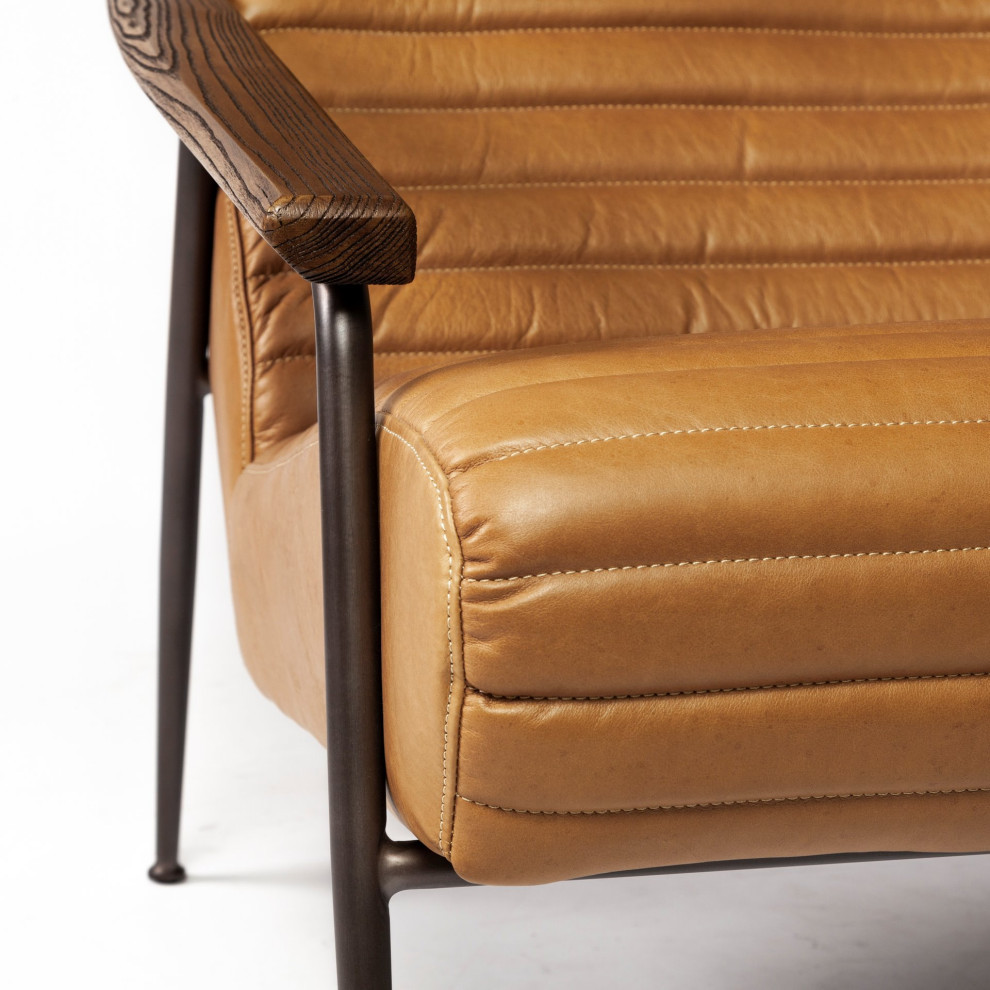 Grosjean Brown Genuine Leather w/ Dark Brown Frame  ampWooden Arms Accent Chair   Midcentury   Armchairs And Accent Chairs   by Mercana  Houzz