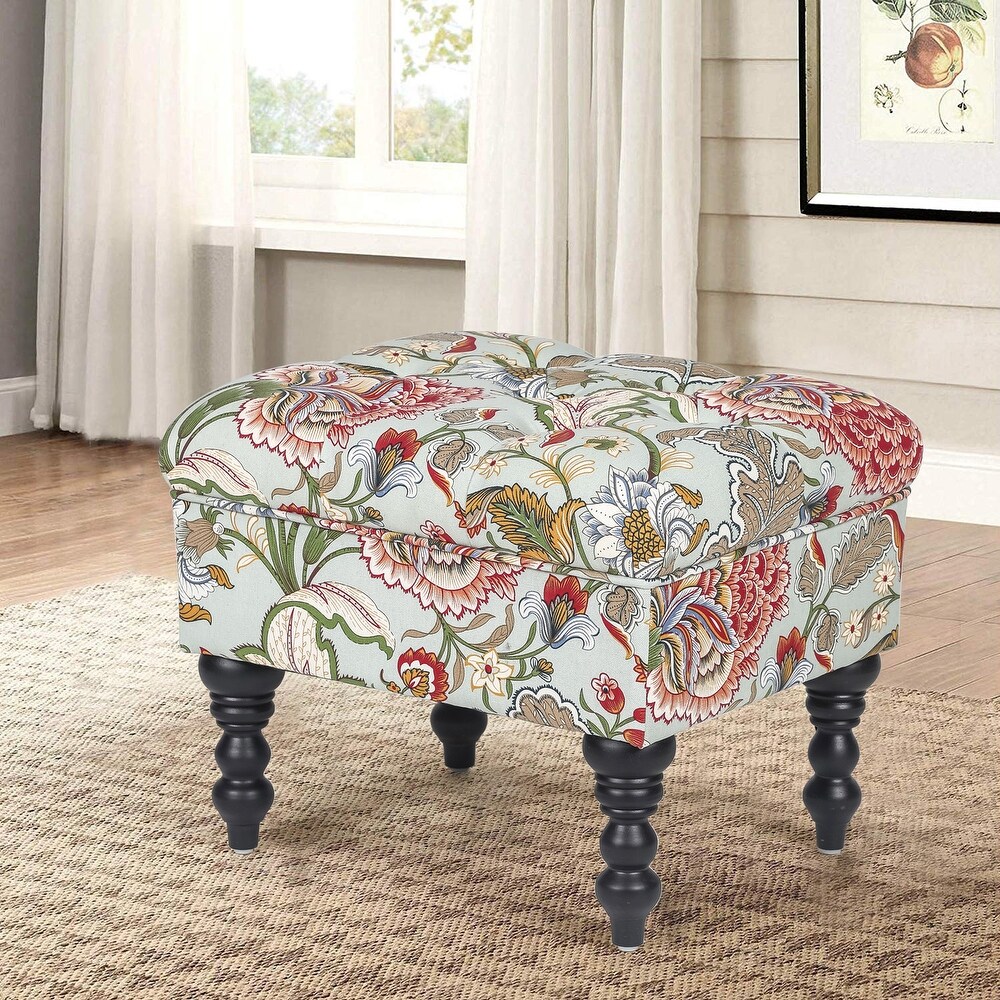 Adeco Ottoman Stool Tufted Foot Rest Fabric Floral Vanity Stool