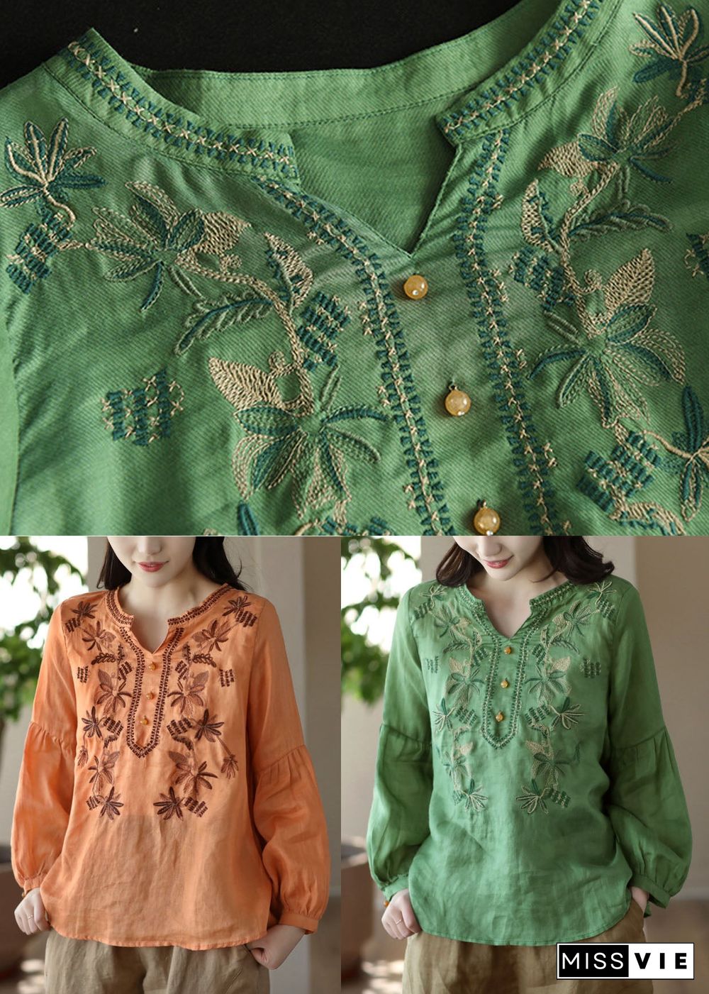 Green Patchwork Linen T Shirt Tops Embroideried Long Sleeve