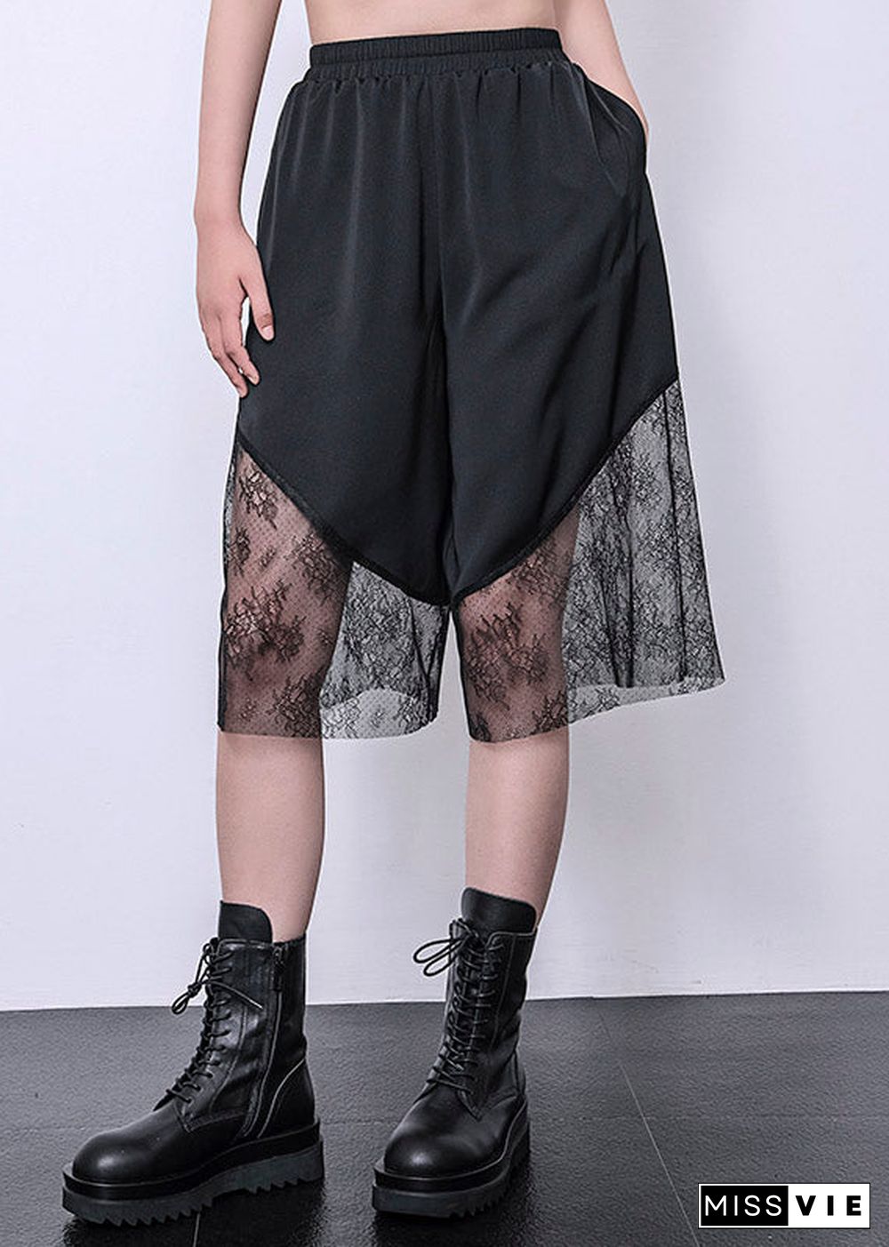 Casual Black Lace Patchwork Chiffon Crop Wide Leg Pants Summer