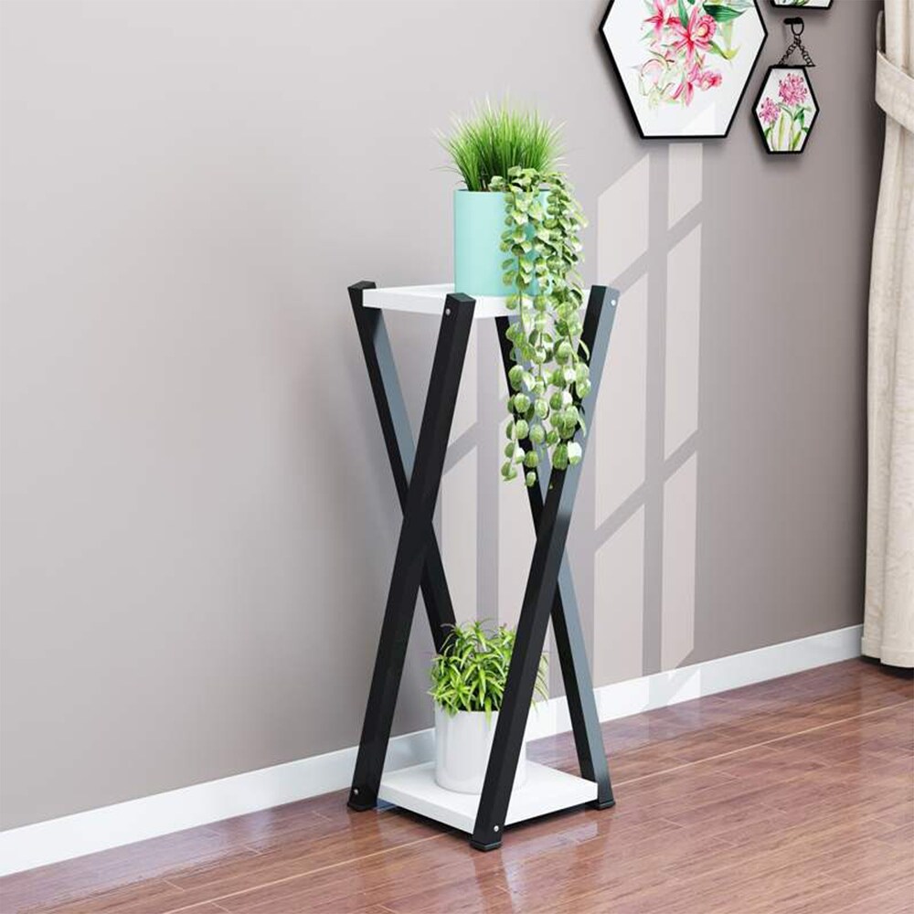 2 Tier Wood Metal Plant Stand Flower Pot Holder Rack Display Shelf