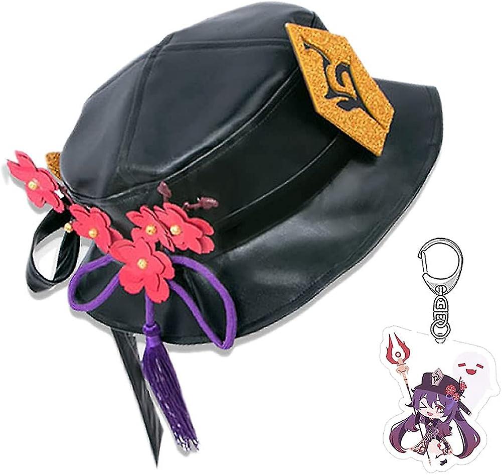 Hu Tao Hat With Keychain，game Hutao Cosplay Costume Pu Black Cap Accessories - -