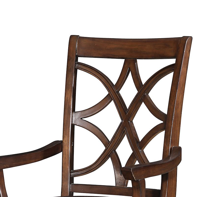 Wooden Arm Chair with Fabric Padded Seat and Lattice Design Backrest， Brown， Set of Two