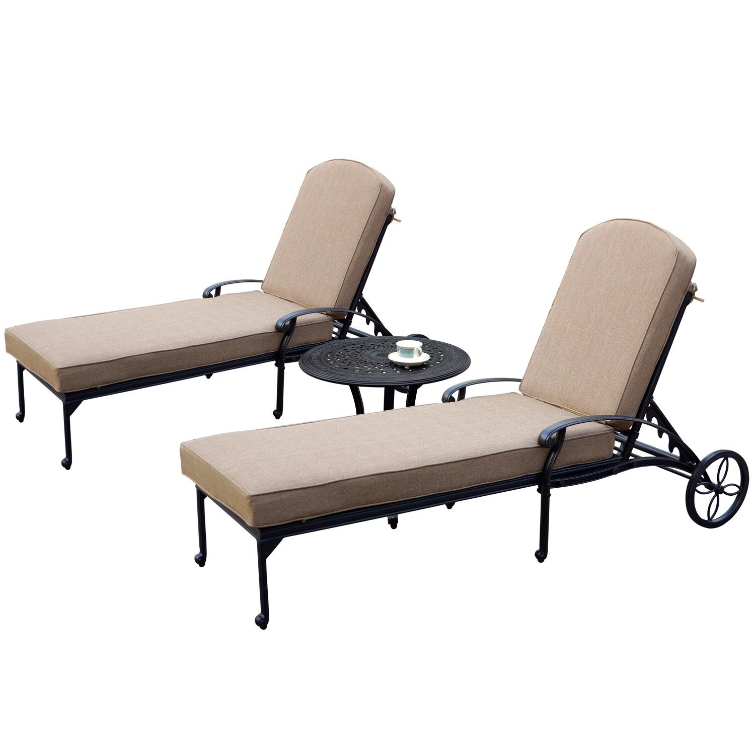 Darlee Elisabeth 3 Piece Cast Aluminum Patio Chaise Lounge Set W/ 24 Inch Round End Table and Sesame Cushions