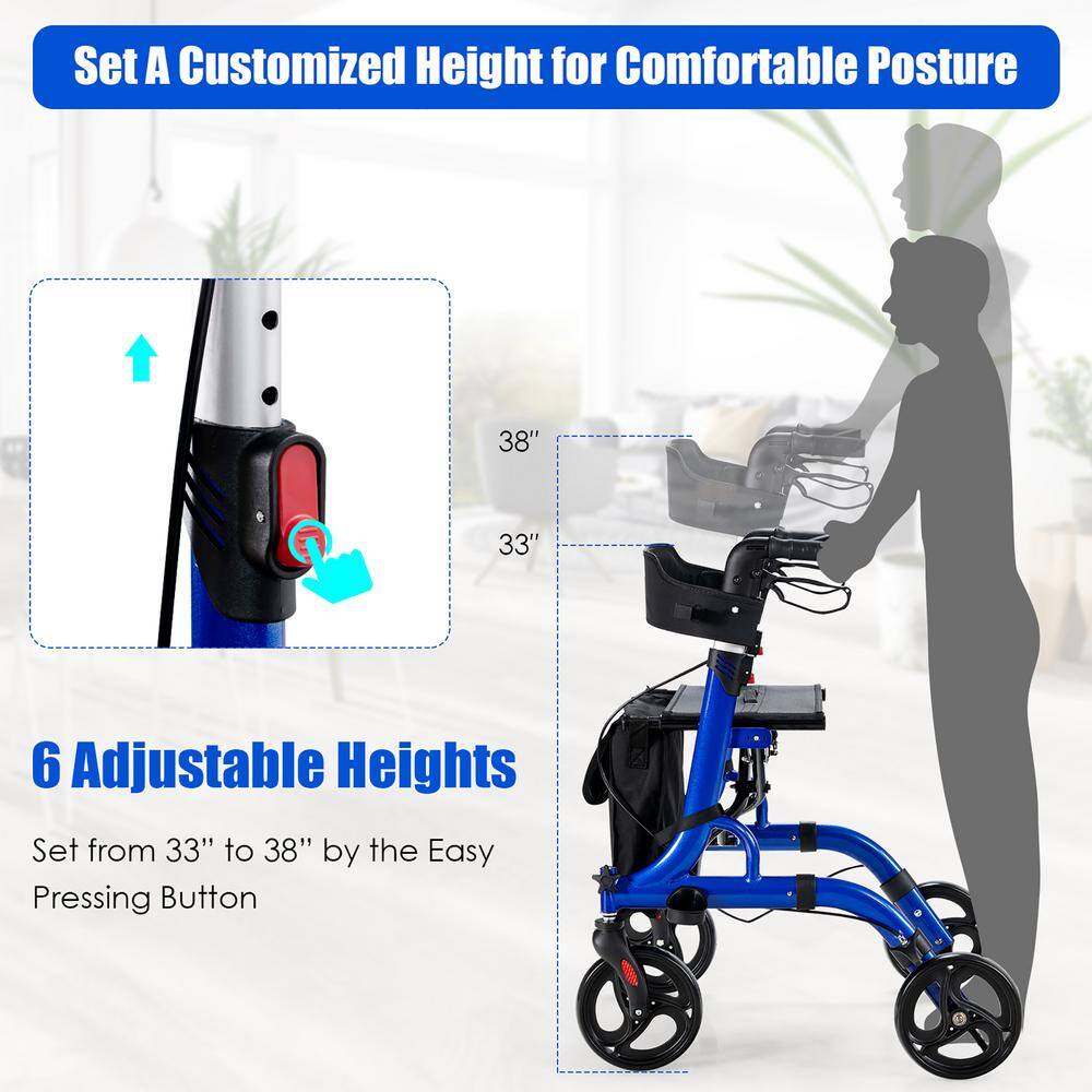 Costway 4-Wheel Walker Rollator wSeat Folding Aluminum Rolling Walker w8 in. Wheels in Blue JH10007BL