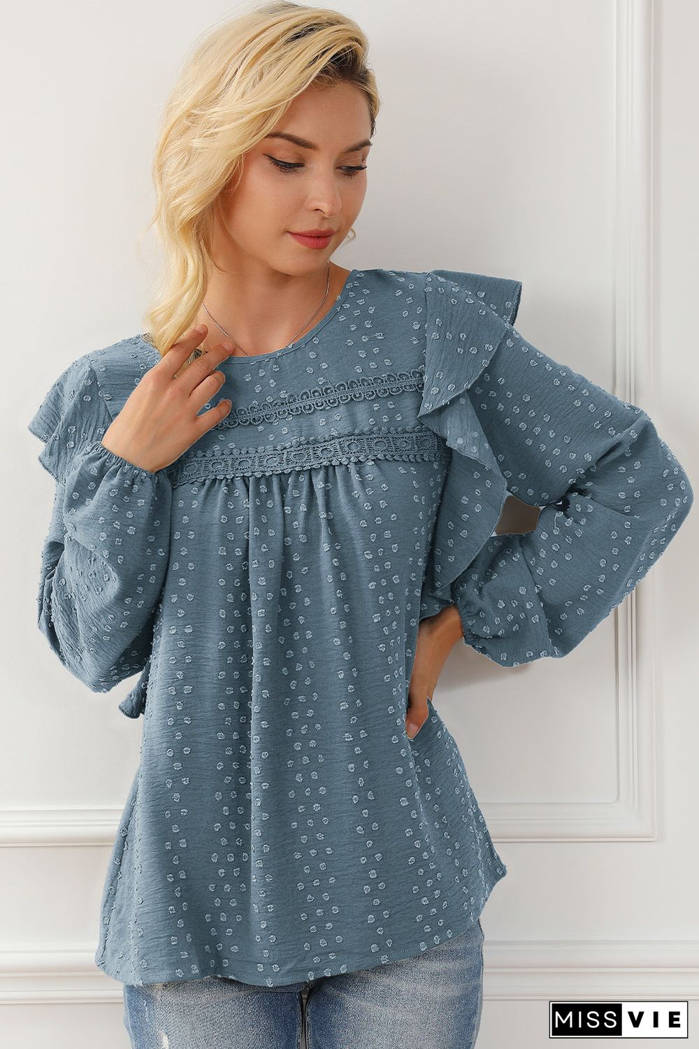 Lace Eyelet Ruffle Shoulder Long Sleeve Blouse