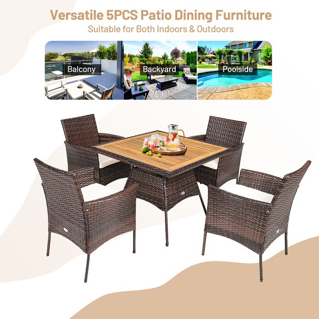 Costway 5pcs Patio Rattan Dining Furniture Set Arm Chair Wooden Table Top