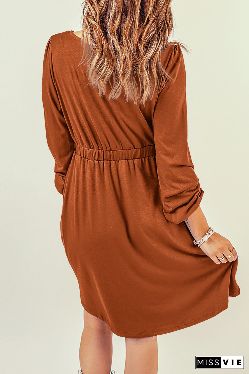 Brown Button Up High Waist Long Sleeve Dress