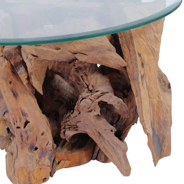 Solid Teak Driftwood Coffee Table with Strong Tempered Glass and Teak Base Living Room Side Tea Stand - as picture