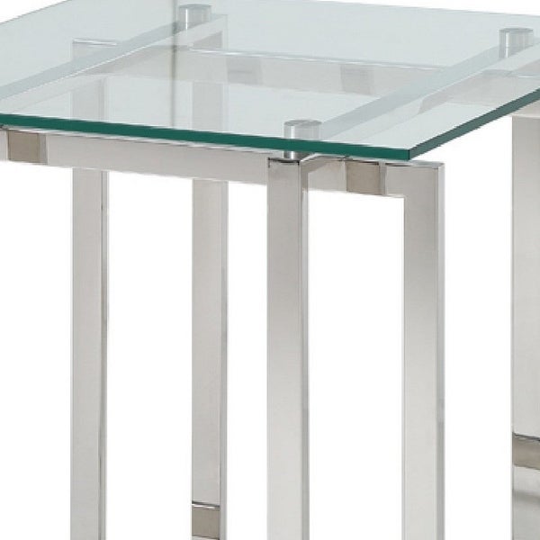 Cid 22 Inch Modern End Table， Glass Top， Intersected Steel Base， Chrome - 22L x 22W x 22H， Inches