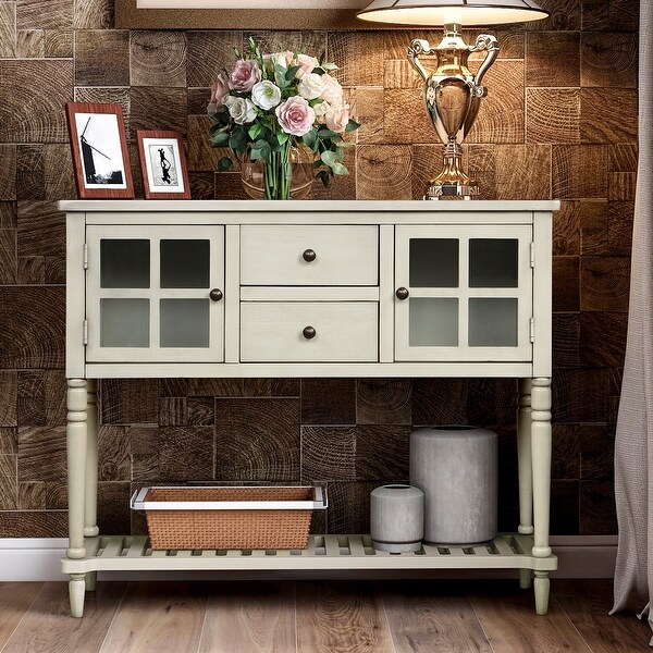 Sideboard Console Table with Bottom Shelf， Farmhouse Wood Glass Buffet Storage Cabinet Living Room Antique Grey