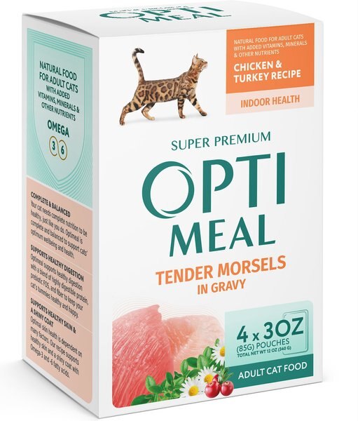 Optimeal Indoor Chicken and Turkey Recipe Tender Morsels In Gravy Recipe Wet Cat Food， 3-oz pouch， case of 24