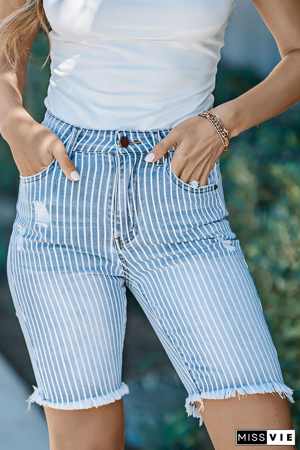 Frayed Hem Striped Bermuda Denim Shorts