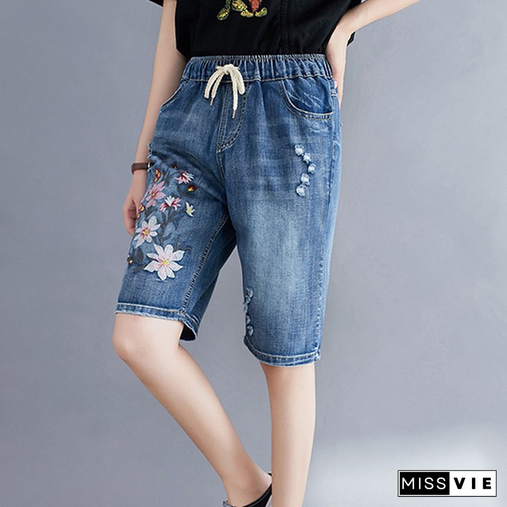 Women Summer Folk Style Elastic Waist Floral Embroidery Drawstring Ripped Shorts Female Office Lady Casual Loose Denim Short