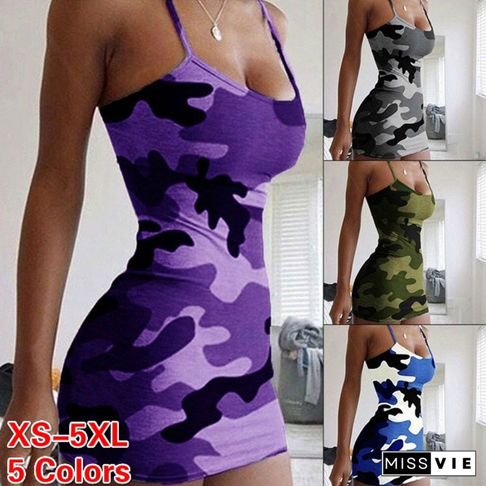 Women'S Fashion Sexy U-Neck Sleeveless Camouflage Mini Tank Top Dress Slim Fit Spaghetti Strap Camo Dress Hot Package Hip Mini Dress Night Club