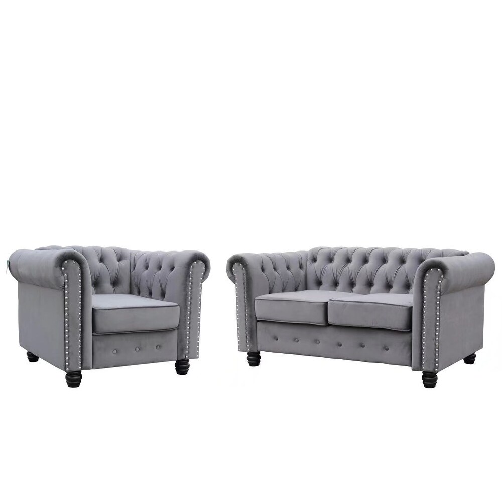 Morden Fort Classic Tufted Upholstered Chesterfield Chair  Loveseat 2 PCS for Living Room  Fabric  Velvet