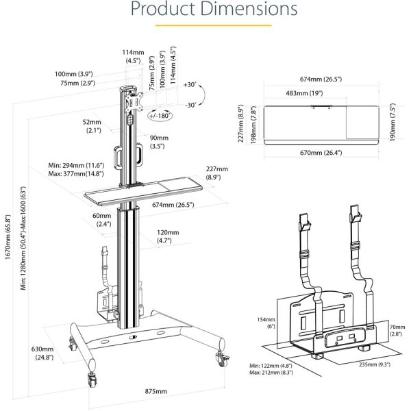 StarTech.com Mobile Standing Workstation with Monitor Mount， CPU/PC Holder， Height Adjustable Desktop Computer Cart， Standing Workstation