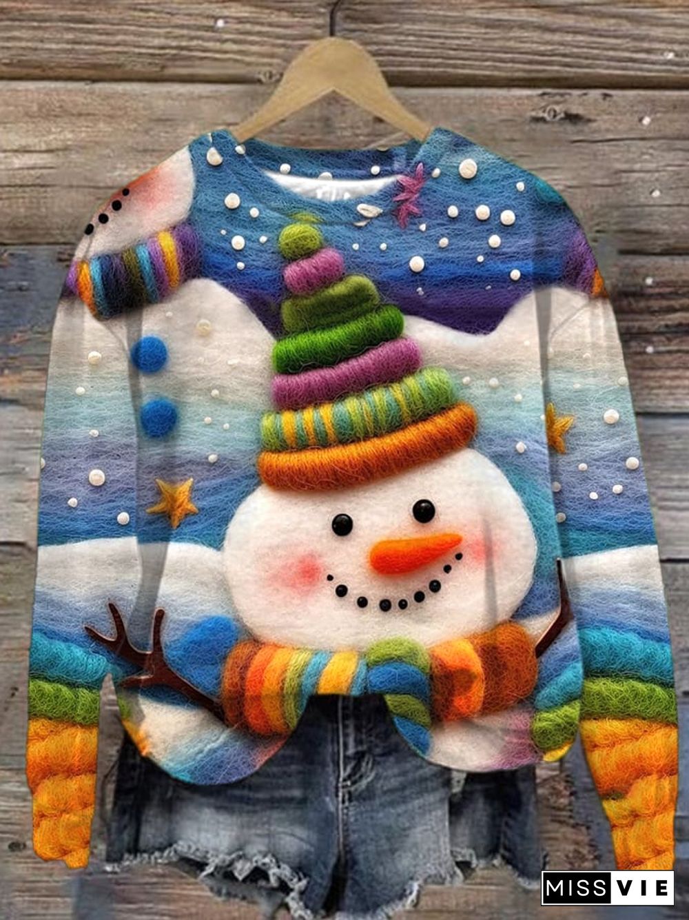 Women's Cute Rainbow Snowman Print Long Sleeve Sweatshirt