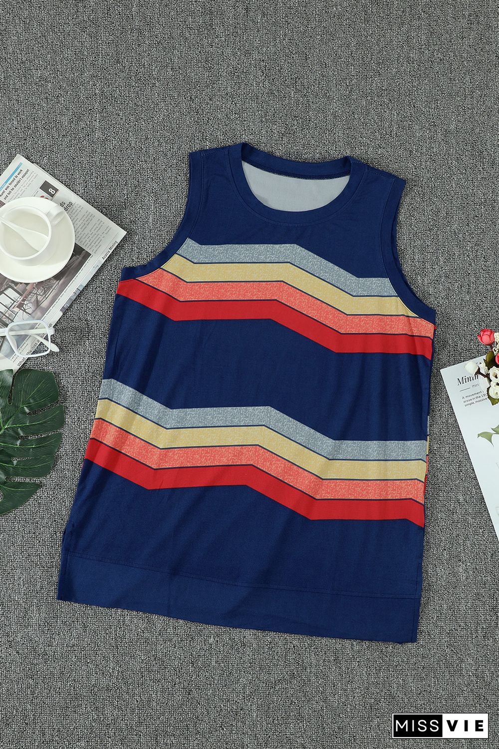 Blue Crew Neck Colorblock Stripes Tank Top