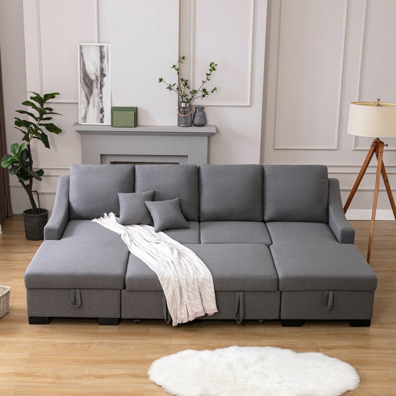 U Shape Sleeper Sectional Sofa  Linen Convertible Large Size Sofa Bed with Double Chaise Sofa Storage Spaces  2 Tossing Cushions