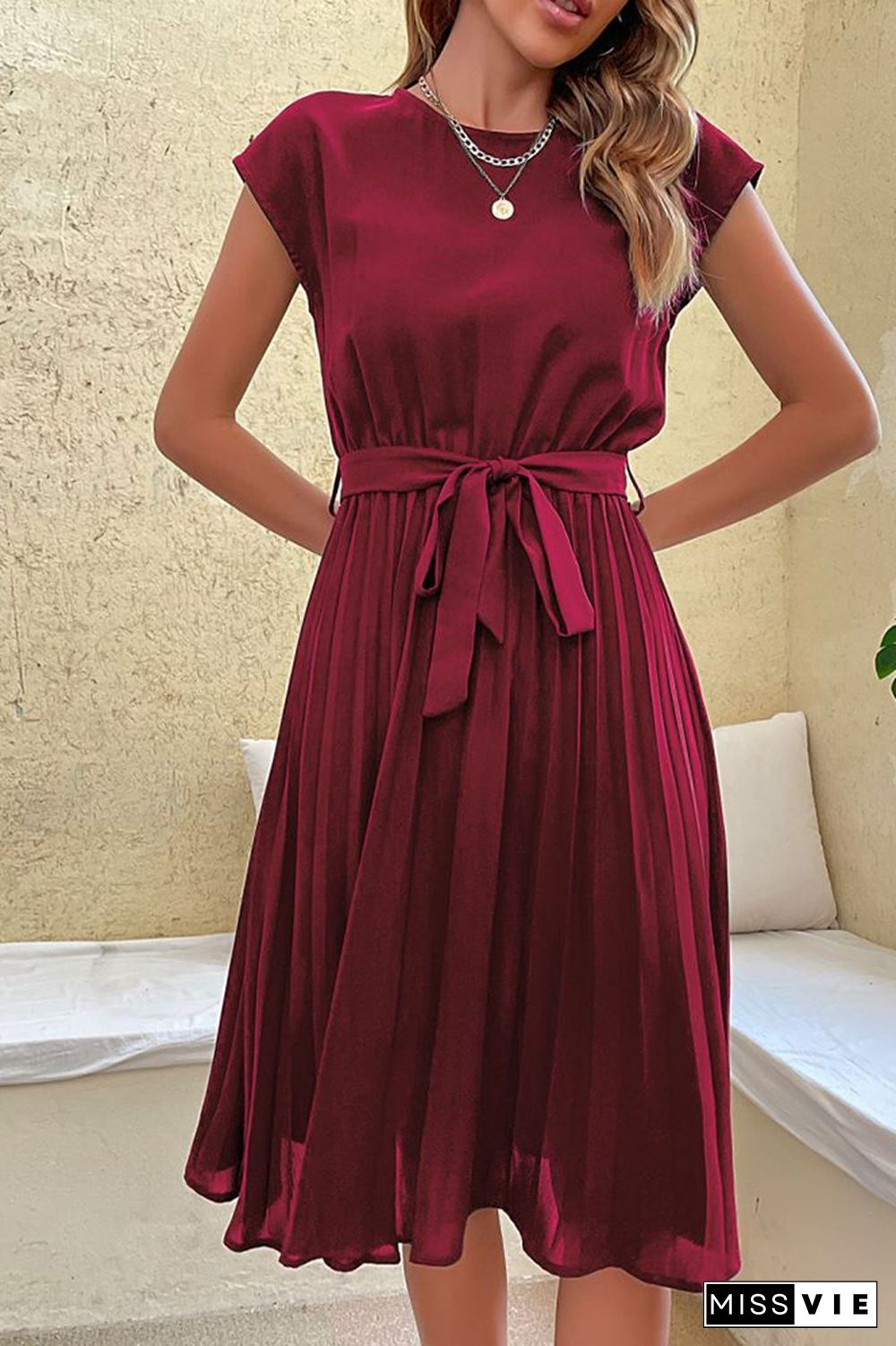 Plain Pleated with Belt Short Sleeves Midi Dress