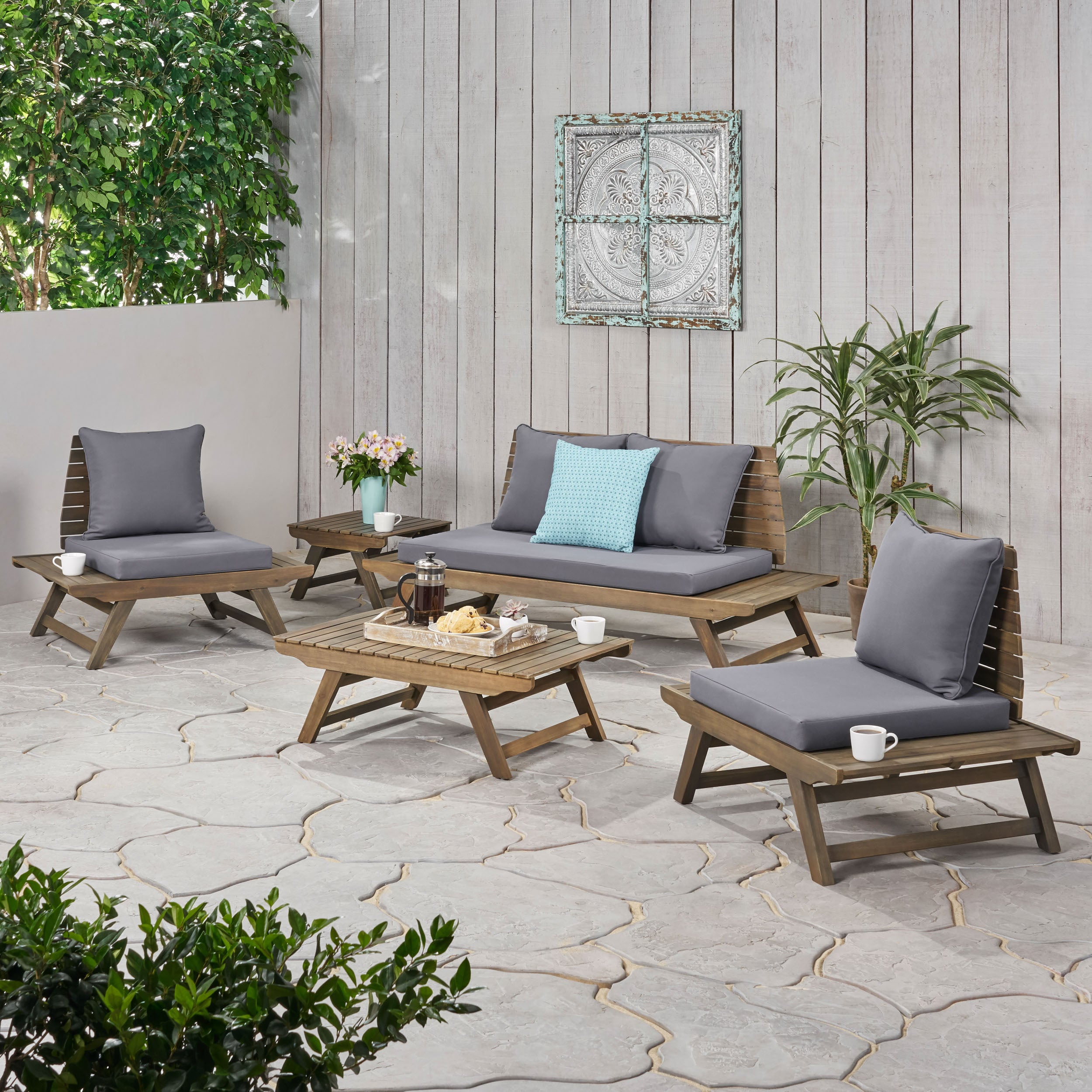 Martha Outdoor Acacia Wood 4 Seater Chat Set with Side Table and Coffee Table