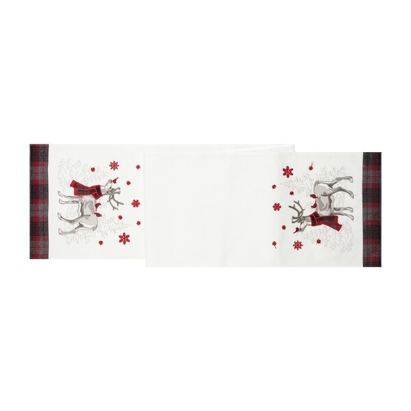 Frosty Deer White Deer in Red and Black Plaid Scarf and Red Snowflakes 13 X 72 Cotton Machine Washable Table Runner