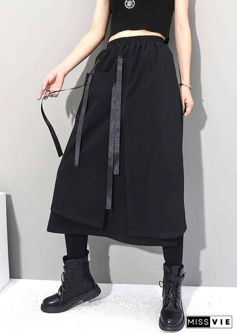 Women Black Asymmetrical Patchwork Pockets Elastic Waist Skirts Fall