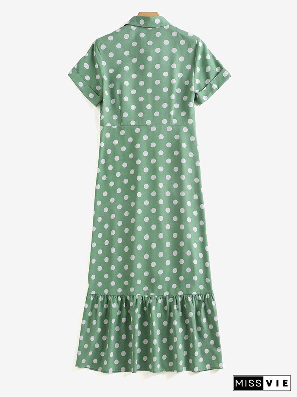 Polka Dot Button Lapel Short Sleeve Ruffle Shirt Dress