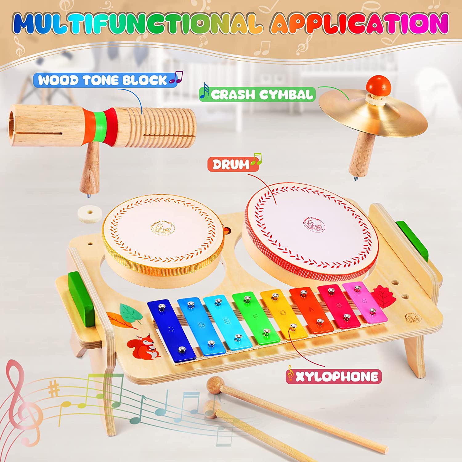 SWEET TIME Kids Drum Set for Toddlers Baby Music Instrunents 7 in 1Montessori Preschool Musical Toys Children Drum kit Xylophone Tambourine Birthday Gifts for Boys and Girls