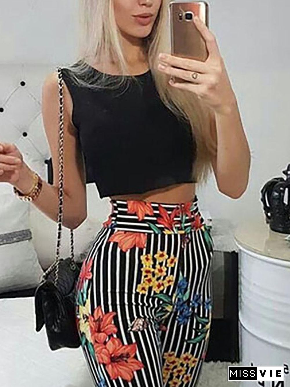 Striped Floral Flared Pants With Crop Top Set P15570