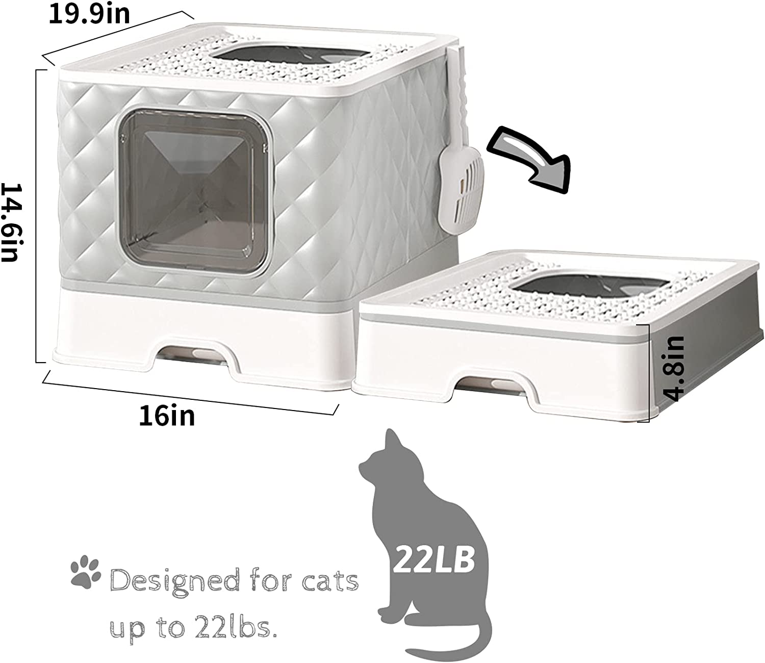 Hamiledyi Large Cat Litter Box with Lid， Enclosed Cat Potty with Drawer Foldable Top/Front Entry Anti-Splashing Cat Toilet Supplies with Pet Plastic Scoop Easy to Clean(Grey)