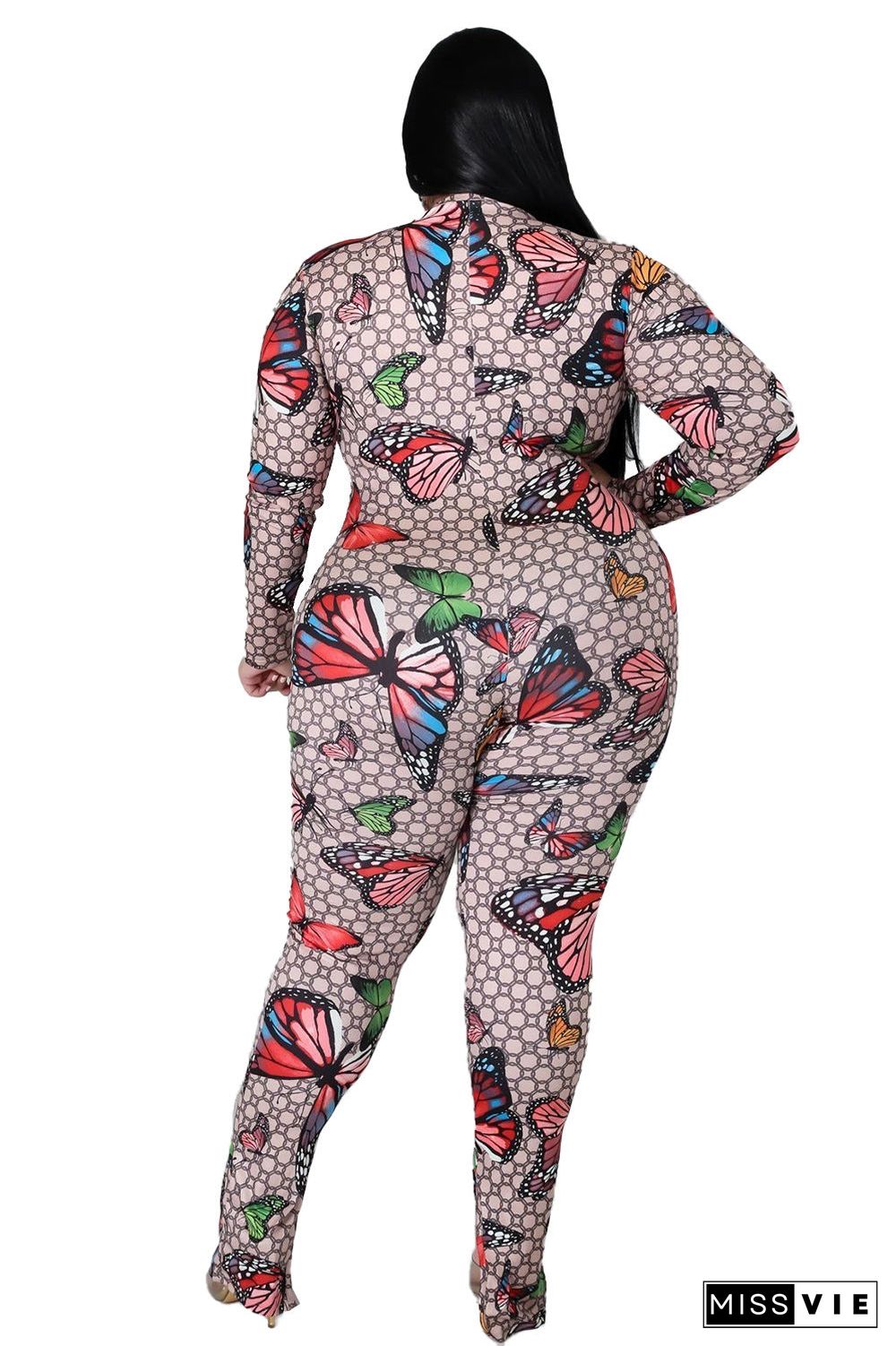 Plus Size Long Sleeve Print Jumpsuit