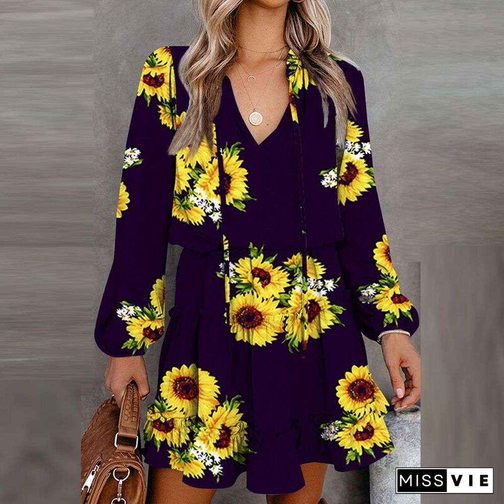 Vintage Floral Printed Mini Dress Women Casual Long Sleeve V Neck Lace-up Early Autumn Dress Fashion Loose Waist Ruffle Dresses