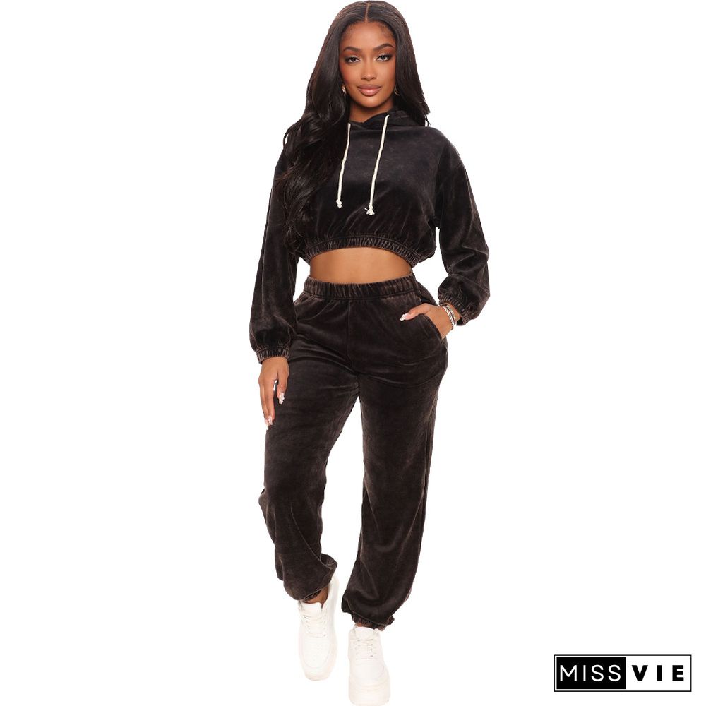 Velvet Hooded Crop Top Full Pants Two Piece Set