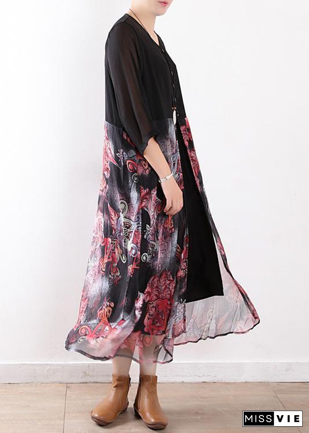 Women black chiffon cardigan For Women Fabrics patchwork prints Maxi summer Dress