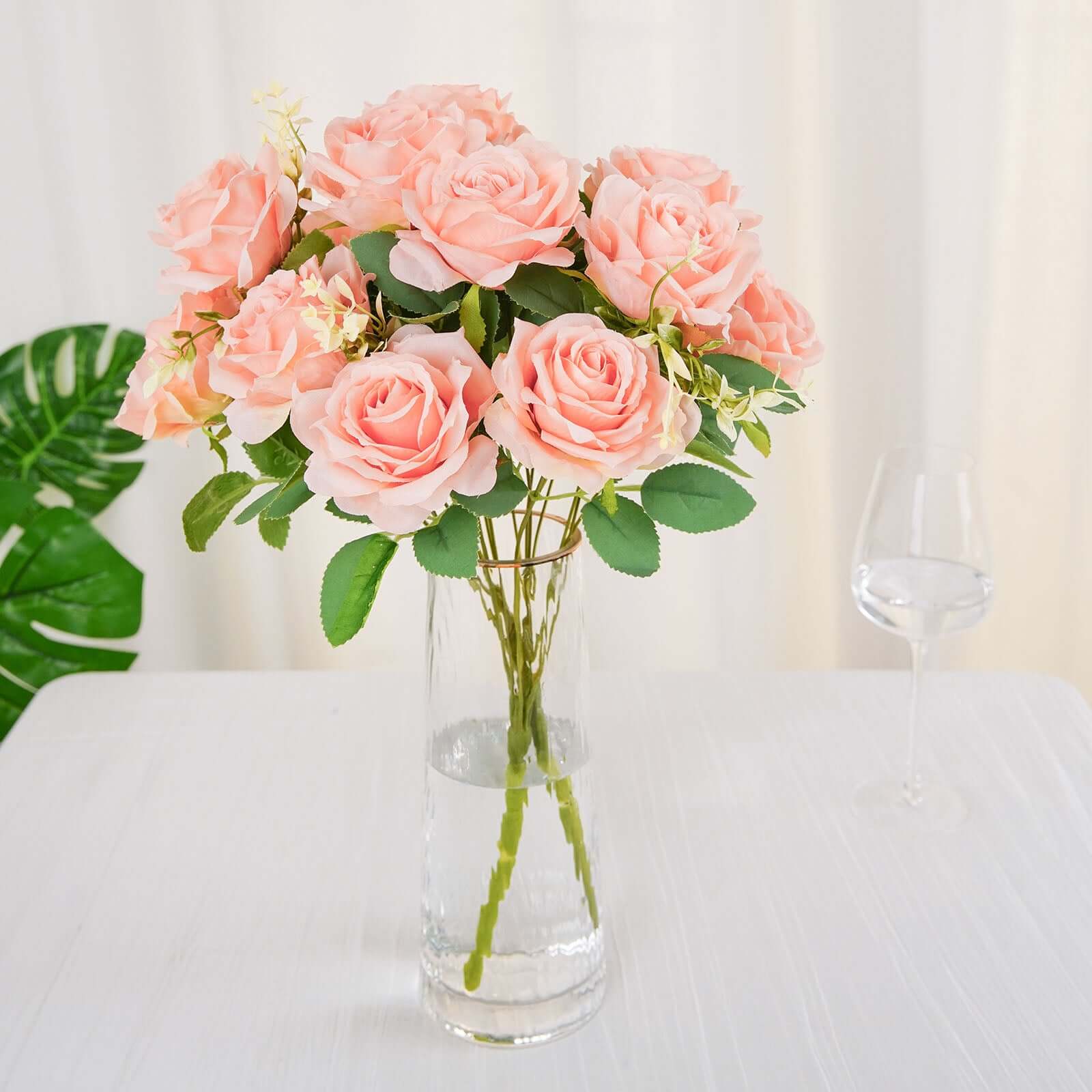 2 Bushes Blush Artificial Silk Rose Flower Arrangements, Real Touch Long Stem Flower Bouquet 18