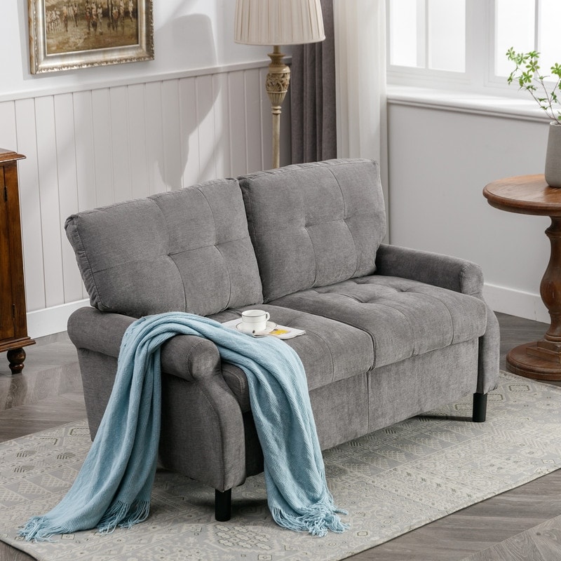 Modern Fabric 2 Seat Sofa  Upholstered Wooden Frame 2 Cushion Design Loveseat Furniture for Living Room  Grey Soft Couch