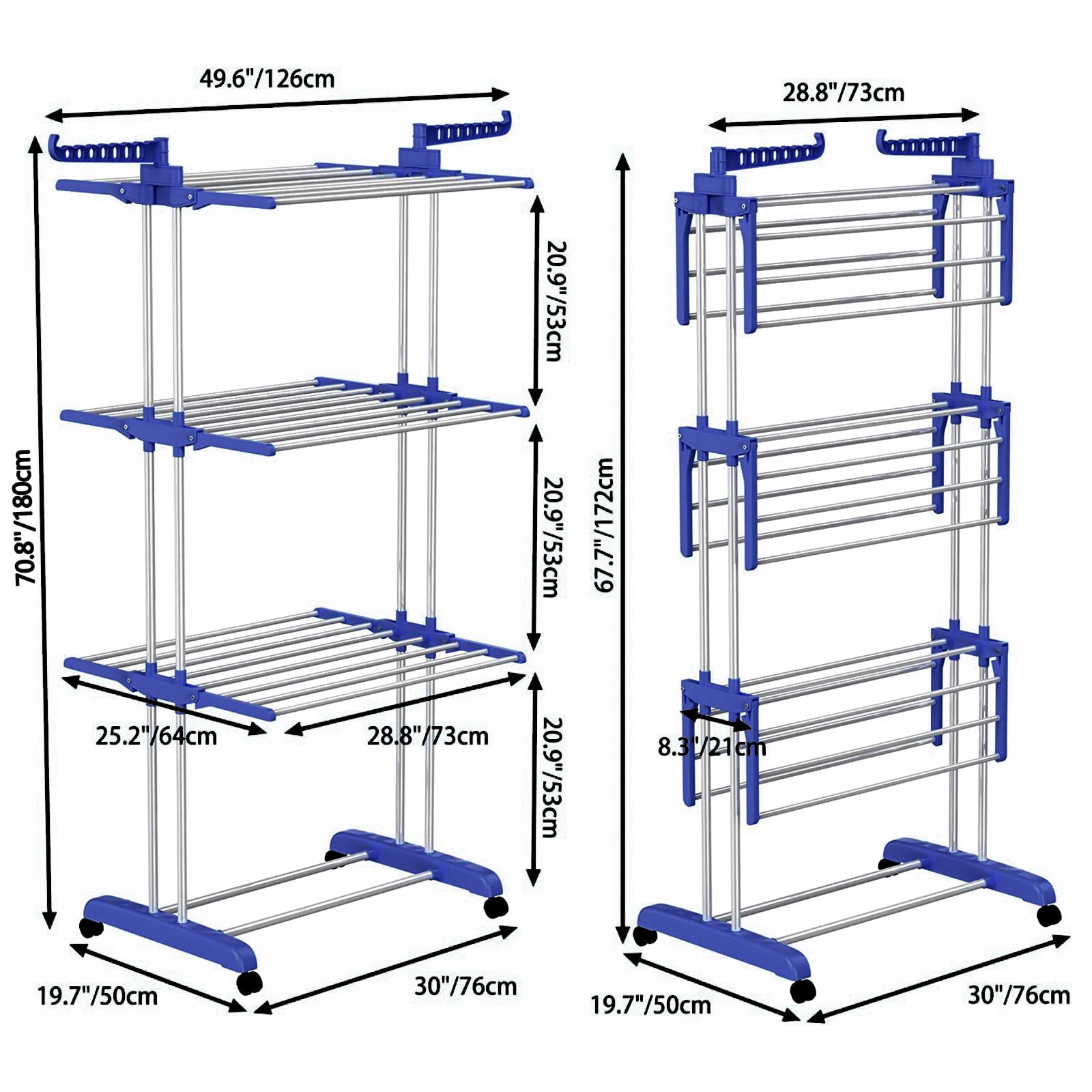 BIGLUFU Clothes Drying Rack，Large 4-Tier Foldable Drying Rack Clothing(70.8H x 19.7W x 30L Inches), Movable Drying Rack with 4 castors. Multifunctional Stainless Steel Laundry Drying Rack, Blue