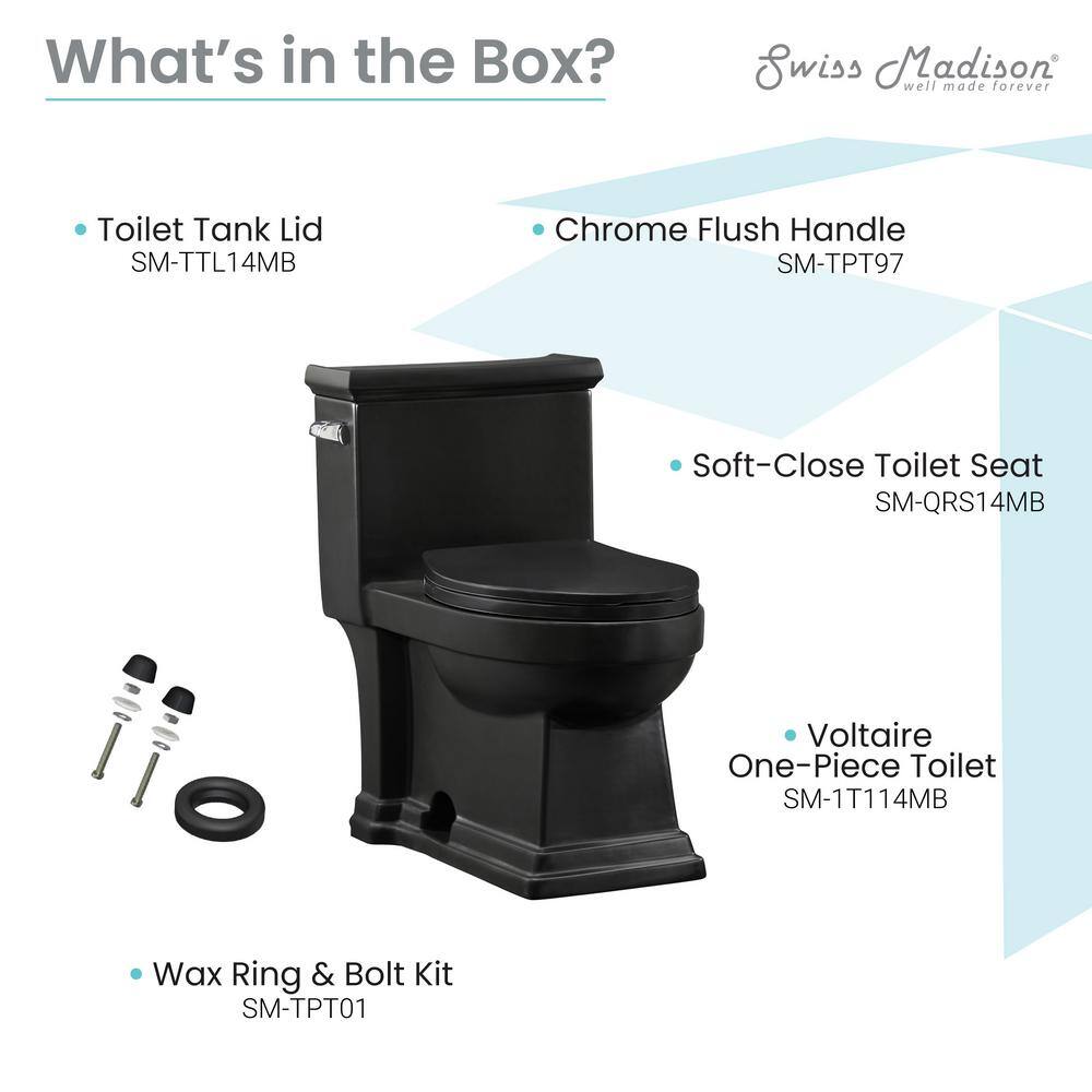 Swiss Madison Voltaire 1-Piece 1.28 GPF Single Flush Elongated Toilet in Matte Black Seat Included SM-1T114MB