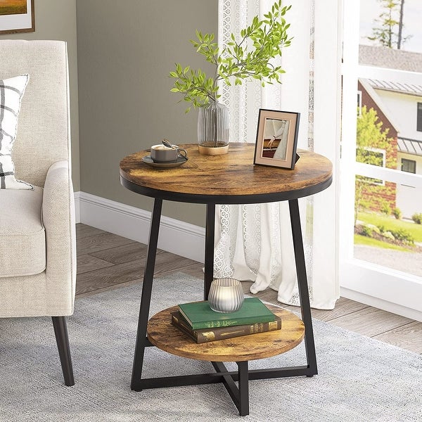 2 Tier Industrial Round Side End Table with Storage Living Room