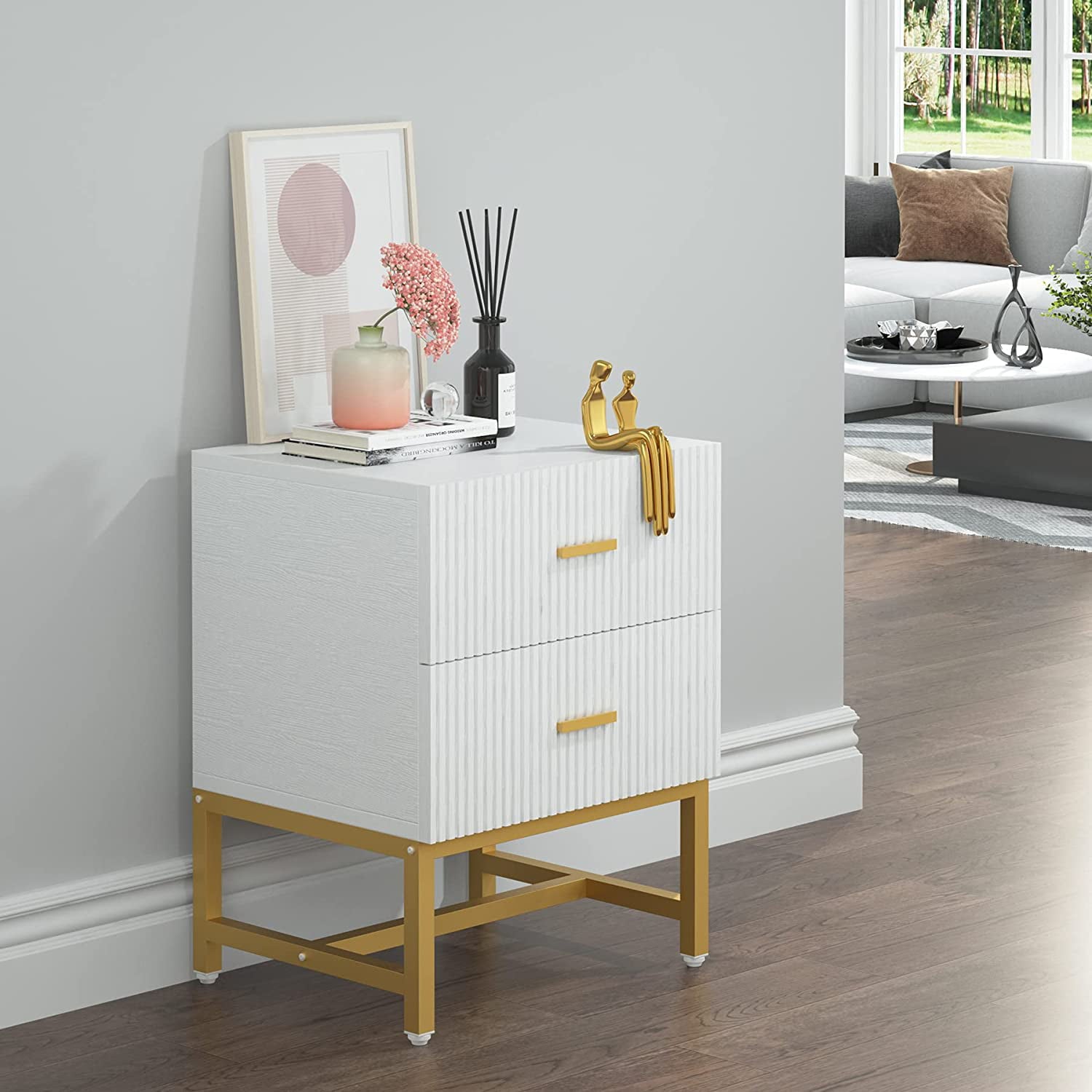 Tribesigns Nightstand Bedside Table with 2 Drawers Living Room Side End Table White and Gold