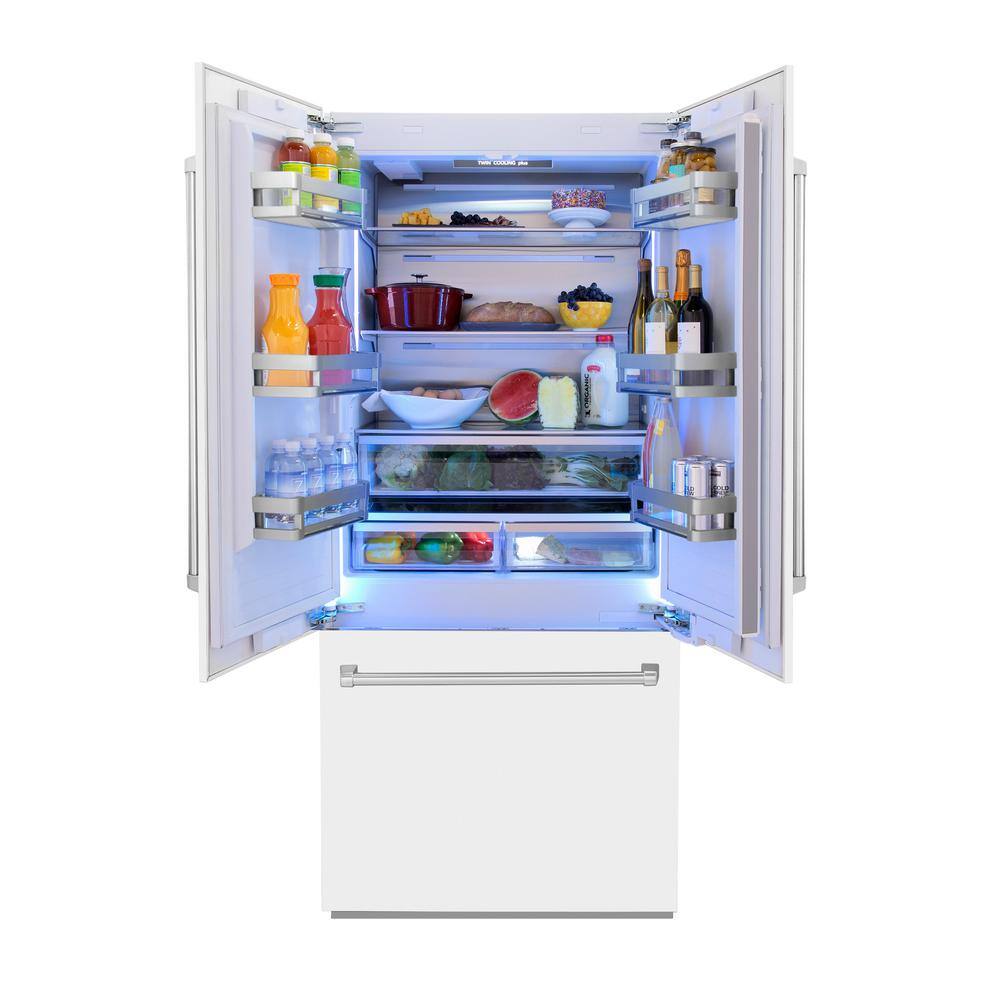 ZLINE Kitchen and Bath 36 in. 3-Door French Door Refrigerator with Internal Ice  Water Dispenser with Matte White Panels RBIV-WM-36