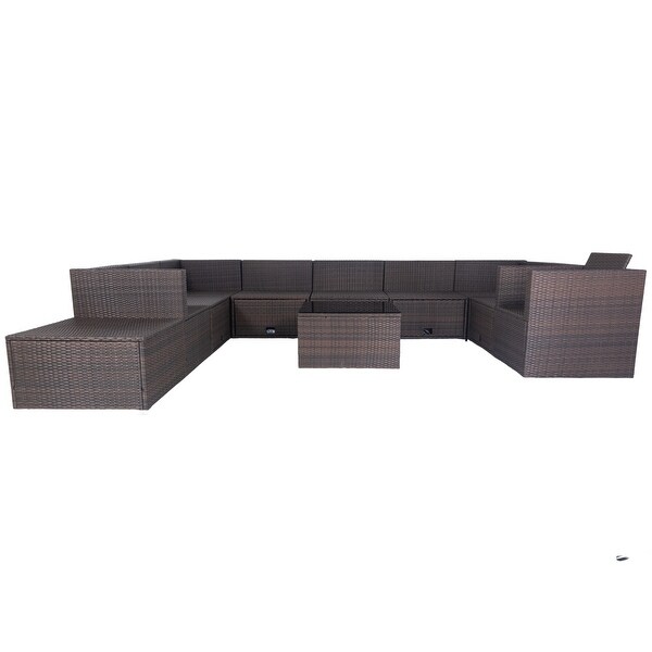 11 Piece Patio Wicker Conversation Set，10 Seater Patio Sectional Set with 3 Storage Box Under Seat Wicker + Cushion，Brown